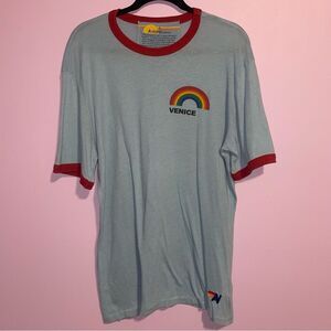 Aviator Nation Venice Rainbow Ringer Tee Men Size L Casual Retro Collegiate